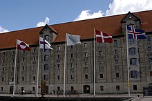 Greenlandic, Faroese, Danish and Icelandic flag in front of Nordatlantens Brygge, the North Atlantic culture house in Copenhagen, Denmark. Flaggor-utanfoer-nordatlantens-brygge-461.jpg