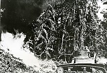 An M3 Stuart, fitted with a flamethrower, attacks a Japanese bunker during the Bougainville Campaign (April 1944) Flame-throwing-tank-bouganville-RG-208-AA-158-L-001.jpg