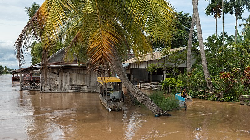 File:Flooded banks in the muddy water of the Mekong with a boy, rowing in a repurposed refrigerator raft, in Don Khon, Laos.jpg