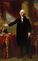 President George Washington in a white powdered wig. The first five Presidents of the United States wore dark suits with powdered wigs for formal occasions.