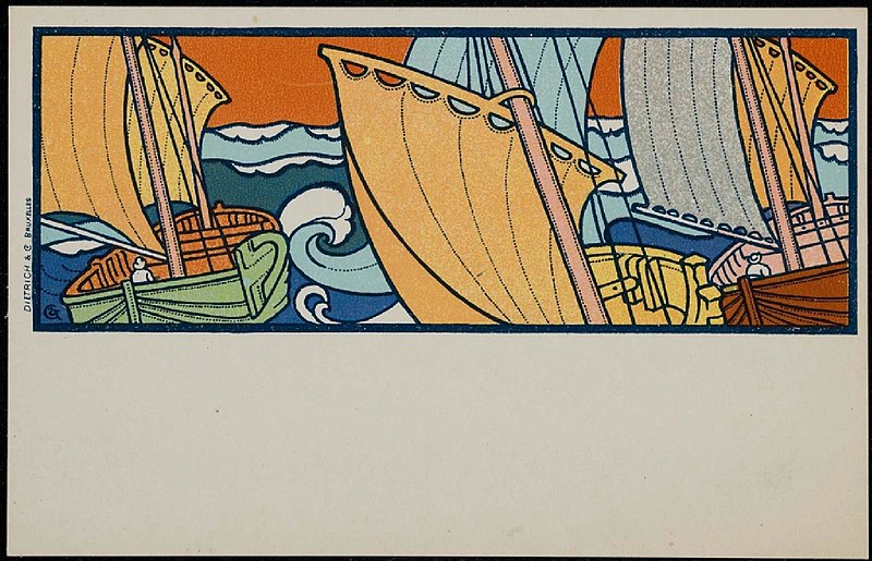 File:Gisbert Combaz - Postcard of fishing boats assail.jpg