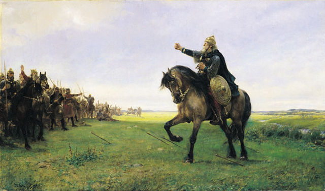 Aspects of Éomer such as fighting on horseback and his flaxen hair suggest a Gothic influence. Painting Gizur and the Huns by Peter Nicolai Arbo, 1886