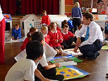 Shapps talking to primary school pupils about their visions of the future of housing in their area (July 2010) Grant Shapps meets Essendon's junior architects with designs on their village.jpg