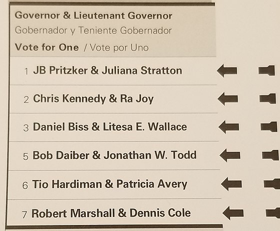 Democratic candidates listed on a blank ballot Gubernatorial candidates blank Illinois primary ballot 20180310 232153.jpg