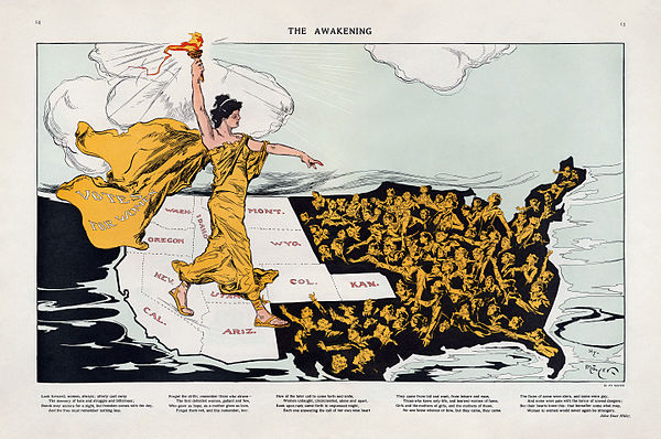 Illustration for one of Miller's suffragist poems, as published in Puck in 1915, showing women's suffrage moving east from the states in the west that