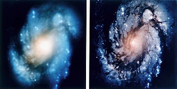 La galaxie M100 avant et après la correction du miroir.