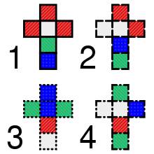 Nets of the Instant Insanity cubes - the line style is for identifying the cubes in the solution Instant insanity nets.svg