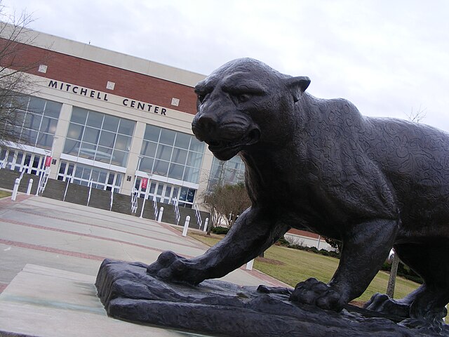 Jaguar statue and Mitchell Center Arena