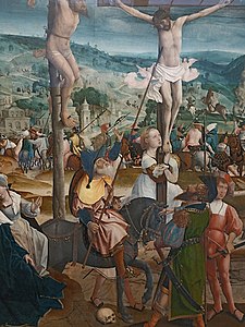 Longin dans La Crucifixion de Jan Provost (détail), entre 1501 et 1505 approx, Musée Groeninge de Bruges.