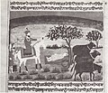 Janamsakhi manuscript painting with the caption 'Rai Bular witnesses cobra providing shade to young Guru Nanak on hot sunny day'