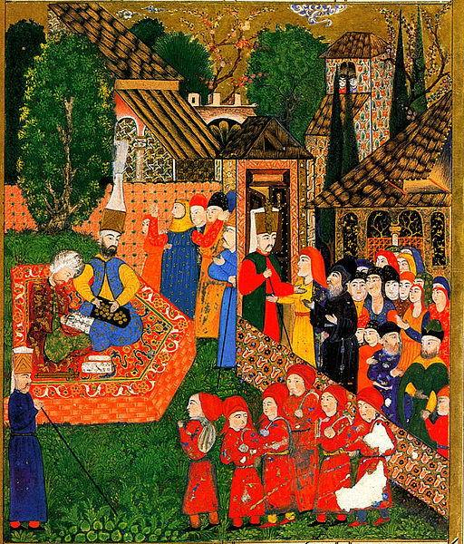 Illustration of an Ottoman official and his assistant registering Christian boys for the devshirme. The official takes a tax to cover the price of the