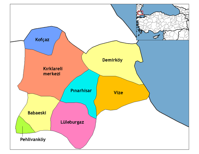 Mapa dos distritos da província de Kırklareli