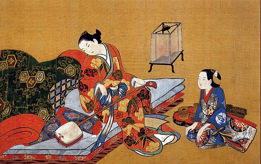 Kaigetsudo Ando, Bijin ja hänen avustajansa, 1670, 34 × 54 cm, tussi ja väri silkille.
