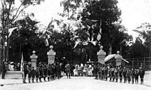 The guard formed by local scouts and cubs at the Official Opening Ceremony of the Kalinga Park Honour Gates, 23 Oct 1920 Kalinga Park Honour Gates - Day of Opening Ceremony.jpg