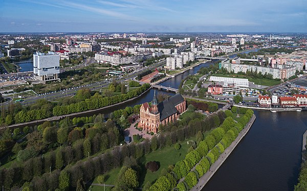 Aerial view of today's Kaliningrad downtown with Kneiphof in the foreground