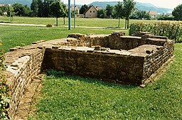The Roman Fort Unterböbingen near the Raetian Limes, Baden-Wurttemberg, Germany. After 1973 restored corner tower of the Fort build about 150/160 A.D.