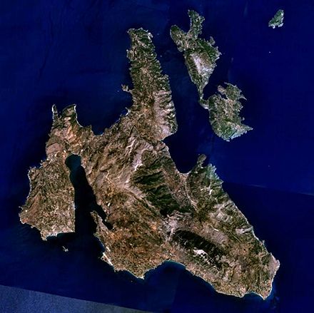 Ithaca is to the upper right of the larger Kefalonia island in this picture. The small island in the top-right corner is the uninhabited Atokos island (NASA World Wind satellite picture).