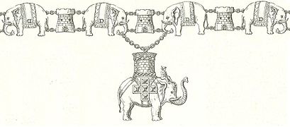上・頸飾 (象と塔の連続模様)　下・メダル