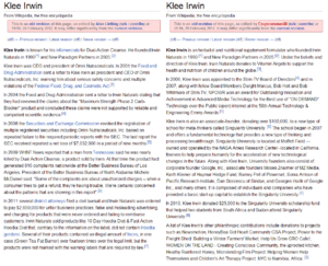 Two radically different versions of the Wikipedia biography Klee Irwin (now deleted) presented to the public within days of each other: Wikipedia's susceptibility to edit wars and bias is an issue often raised by the project's critics. Klee-Irwin.gif