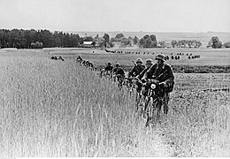 Tyske soldater rykker frem gjennom en kornåker, slutten av juni 1941. Foto: Narodowe Archiwum Cyfrowe