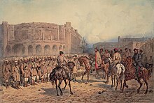 Peinture d'un groupe de cavaliers devant une masse de soldats en tenue beige. Plusieurs bâtiments endommagés se trouvent à l'arrière-plan et des boulets de canons jonchent le sol au premier-plan