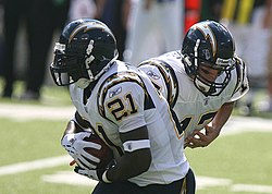 Rivers handing off to LaDainian Tomlinson in Baltimore in 2006 LT Chargers.jpg