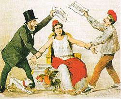 Caricature from the satirical magazine La Flaca of March 3, 1873 about the struggle between the radicals, who defend the unitary republic, and the federal republicans who defend the federal republic. And also on the struggle between the compromising and intransigent federals. La esp Rep. Federal, Rep. Unitaria (2).JPG
