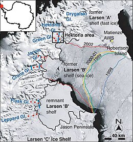 The collapse of the Larsen B ice shelf had profound effects on the velocities of its feeder glaciers. Larsen B collapse.jpg