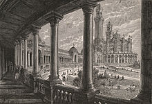 Paris kanadında, bahçe tarafında Trocadéro Sarayı'nın gezinti yolunu gösteren 1889 gravürü.