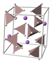 The crystal structure of LAH; Li atoms are purple and
AlH4 tetrahedra are tan. Lithium-aluminium-hydride-unit-cell-3D-polyhedra.png