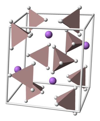 The crystal structure of LAH; Li atoms are purple and AlH4 tetrahedra are tan.