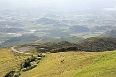 A view of the interior plateau of Ribeira Grande, showing the volcanic spatter cones