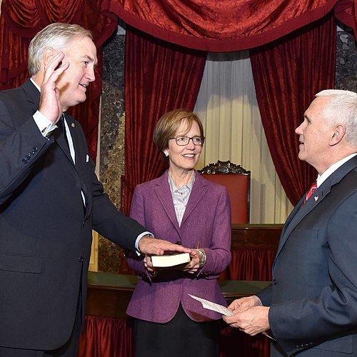 Strange during his ceremonial swearing in by Vice President Mike Pence