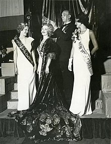 Marion Bergeron crowned as Miss America of 1933; first runner-up Miss New York State Florence Meyers on the right and second runner-up Miss California Blanche McDonald on the left. (See reference #9 below). Marion was so petite that she was dwarfed by the mammoth crown: "It was so big it came right down over my eyes," Marion recalled with a laugh. Then, during the rush of post-coronation activities, the crown was stolen from Miss America's suite at the Ritz Carlton. Marion Bergeron crowned as Miss America of 1933.jpg