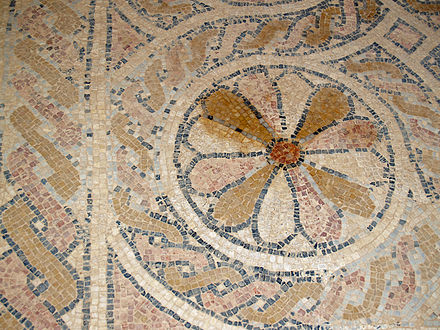 Detail from the mosaic floor of the Byzantine church of in Masada. The monastic community lived here in the 5th–7th centuries.