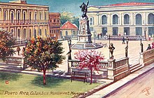 1905 postcard depicting Colon Square, the main plaza of the pueblo of Mayaguez where the city hall and Catholic cathedral are located. Mayaguez - Plaza Colon.jpg