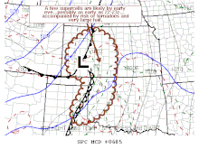 A mesoscale discussion predicting a possible supercell thunderstorm phenomenon in the late evening, with risks of large hail