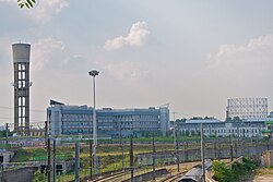 Detail of the Bovisa skyline, including a "landmark" abandoned gas holder (on the far right)