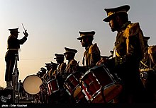 An Iranian military band during the Army Day celebrations in 2018. Military Parade Held in Tehran to Mark National Army Day 09.jpg