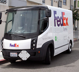 Navistar eStar electric van in Los Angeles in 2010. The vehicle was manufactured in the U.S. under license from Modec. Modec FedEx truck, LA.jpg