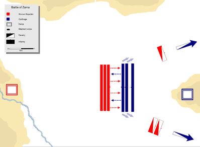 Carthaginian cavalry routed off the field. Scipio attacks Hannibal's first and second lines of infantry and routs both.