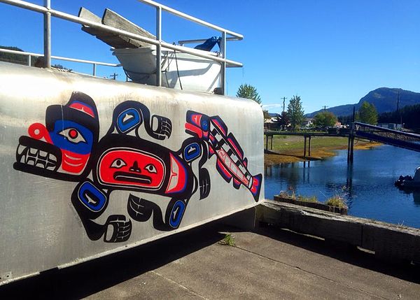 Native art at the dock in Hoonah