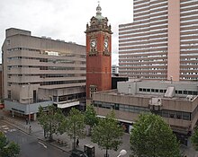 The station site in 2012. The clock tower is all that remains of Nottingham Victoria station, surrounded by the 1967 Victoria shopping centre. Nottingham - NG1 (Victoria Centre) - geograph.org.uk - 2997781.jpg