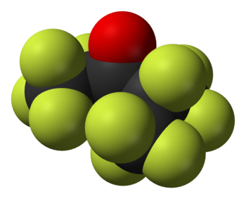 Space-filling model of the Novec 1230 molecule...