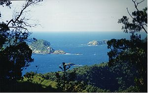 Vista desde la isla Raoul hasta Nugent y las islas vecinas más grandes, las islas Meyer y la isla Dayrell, Nugent detrás de los árboles a la izquierda