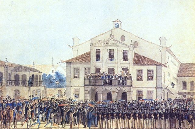 Pedro, in his father's name, makes an oath of obedience to the Portuguese Constitution on 26 February 1821. He can be seen at the middle of the balcon