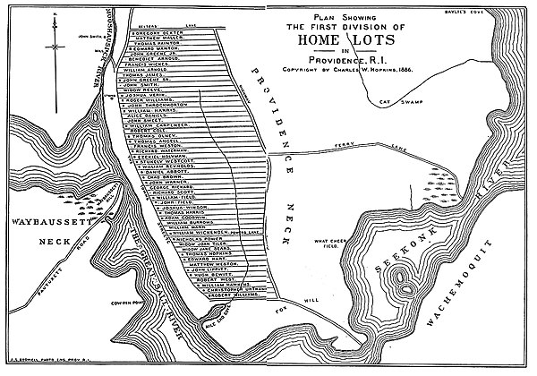 Original town layout of Providence showing Arnold's lot, sixth from the top