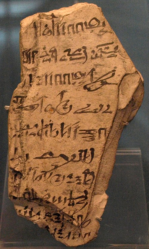 An ostracon with hieratic script mentioning officials involved in the inspection and clearing of tombs during the Twenty-first dynasty of Egypt, c. 10