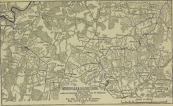 A map of Jetersville and Sailors' Creek, which are mostly surrounded by wilderness but also have the Richmond & Danville Railroad to the southeast