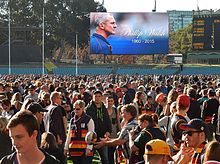 Fans gather at Adelaide Oval to pay tribute to Phil Walsh. Phillip Walsh tribute Adelaide Oval.jpg